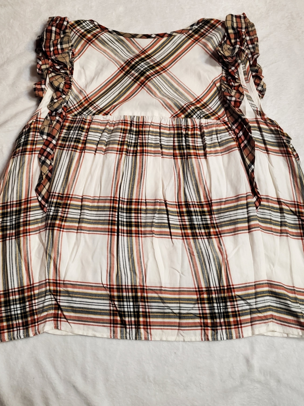 Time and Tru White Plaid Ruffle Sleeveless Top - Rust & Olive - Picture 4 of 6